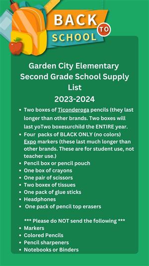 Second Grade School Supply List