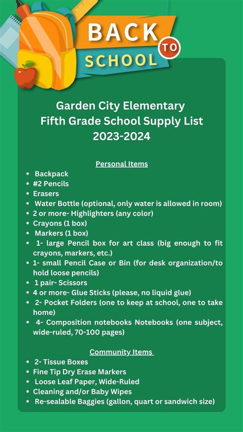 fifth grade school supply list