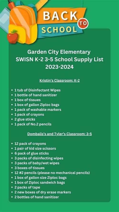 SWISN school supply list
