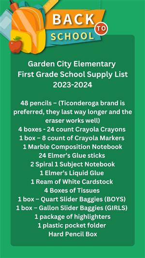 First Grade School Supply List