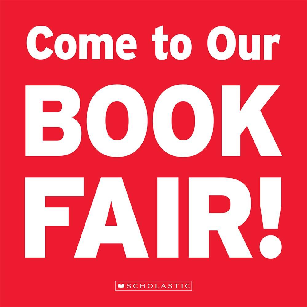  Red square with text reading "Come to our book fair"