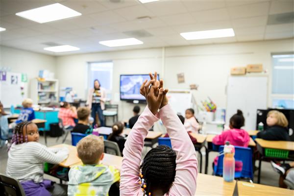 Student raises hand in a classroom.
